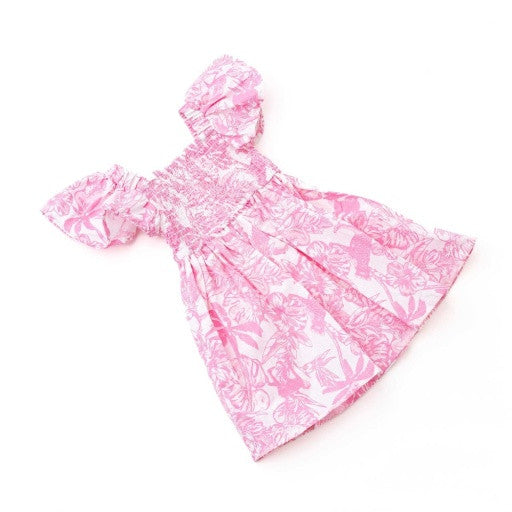 Full front view of the Shade Critters Pink Paradise Girls Cotton Smocked Dress featuring the tropical pink floral design and gathered skirt.
