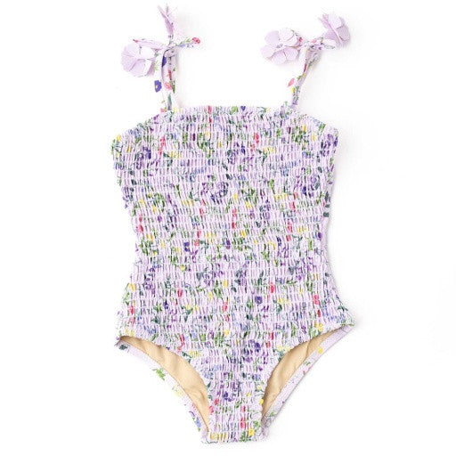 Shade Critters Wildflower Fields smocked one-piece shown from the front with floral-print straps and 3D flower accents.