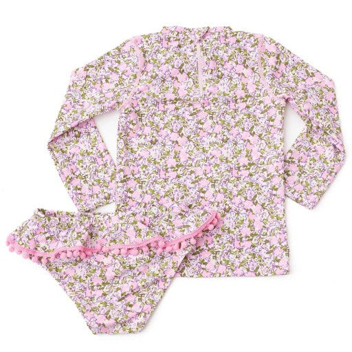 Back view of the Shade Critters Blushing Blooms Girls Rashguard Swim Set highlighting the zipper detail and the matching floral pattern.