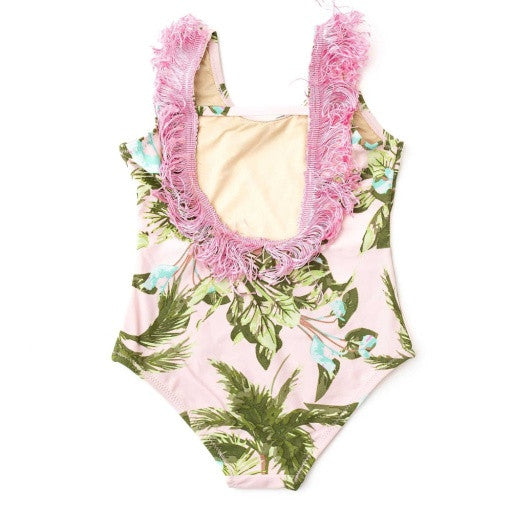 Back view of the Shade Critters swimsuit showing fringe-trimmed scoop back.
