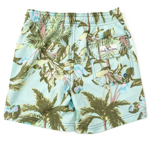 Back view of Mint Tropics boys swim trunks featuring drainage pocket and elastic waistband.